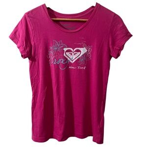 Roxy Pink New York Floral Logo Graphic Tee Large‎ 100% Cotton Surf Skate Y2K Top